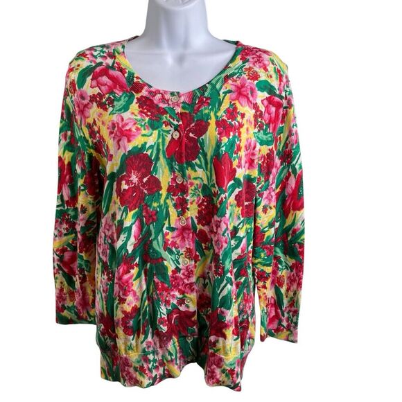 Talbots Women's Floral Button Up Cardigan Size L Colorful Boho Rainbow Garden - Picture 1 of 11